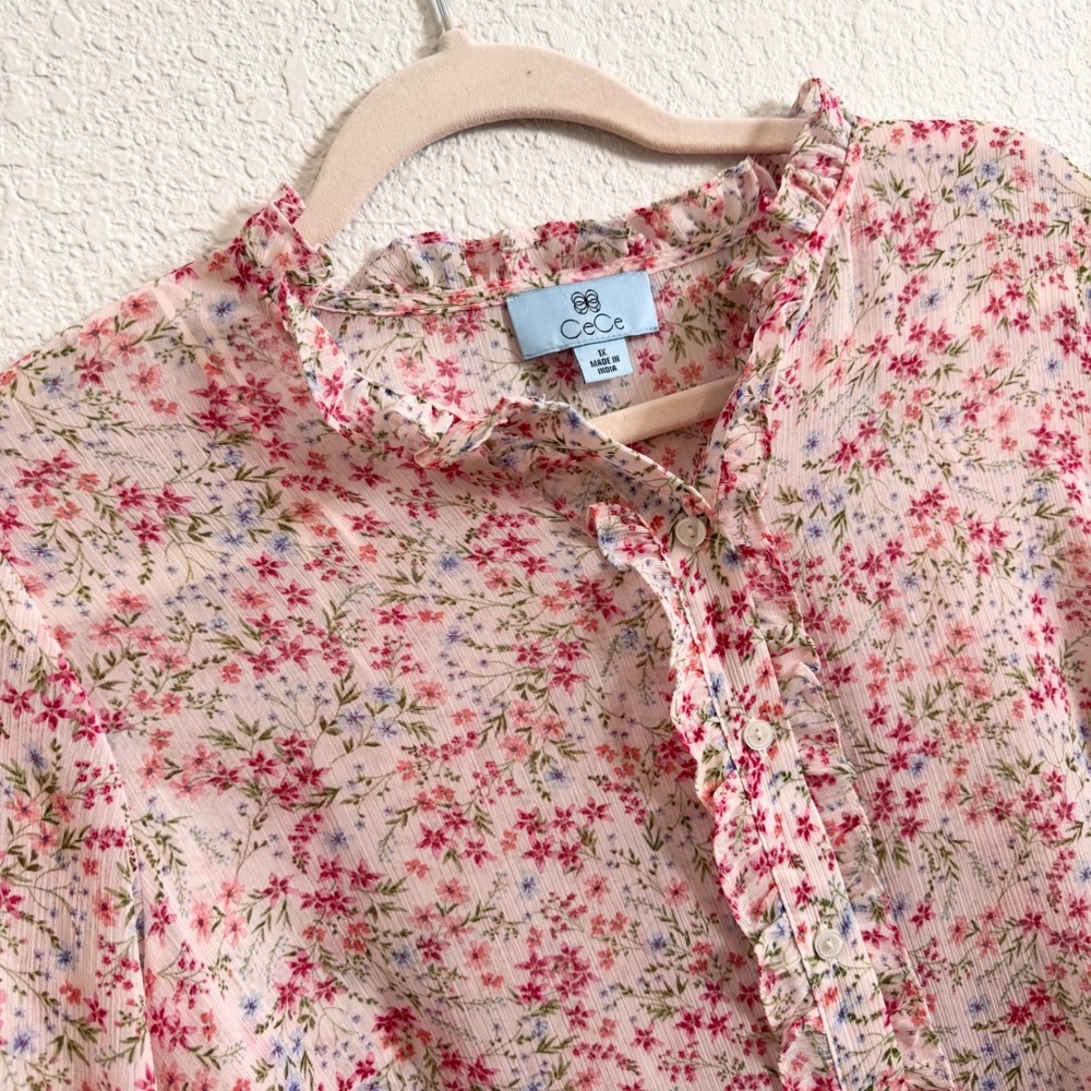 CeCe Womens Pink Floral Ruffle Collar Button Front Chiffon Blouse Plus Size 1X